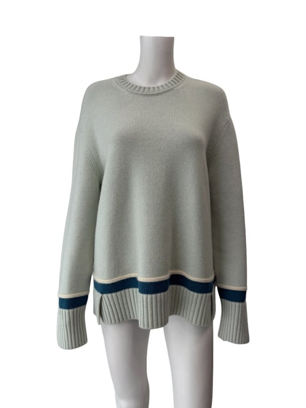 $1900 Loro Piana 2021 RTW Teal Stripe Cashmere Pullover Knit Sweater size Small - Picture 2 of 8